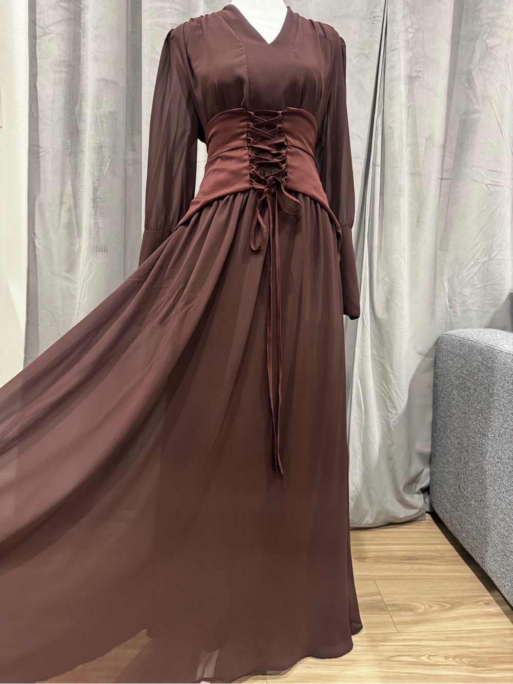 Chocolate Brown Corset Style Maxi Dress – Size L